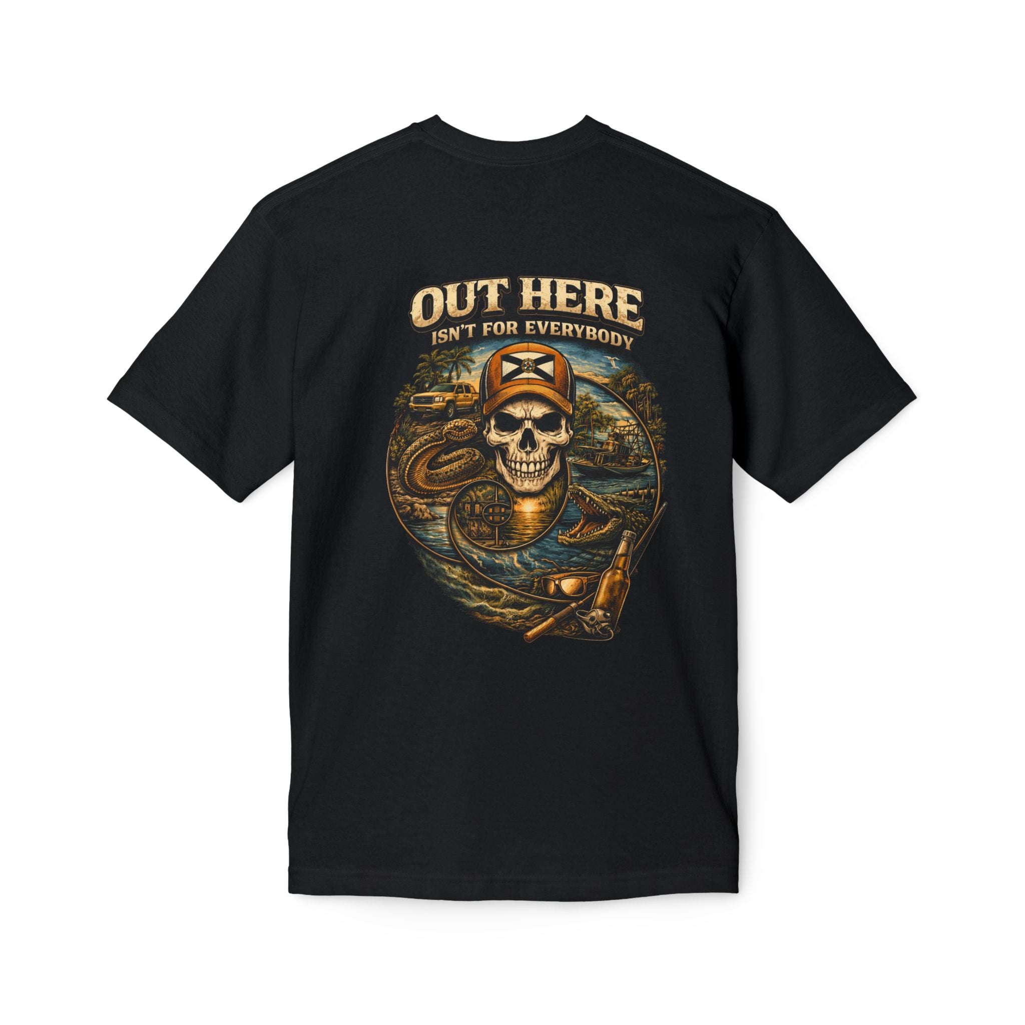 Backroads & Backwater  w/ blue wtr Skull T-Shirt — Concert, Fishing & Hunting Vibe