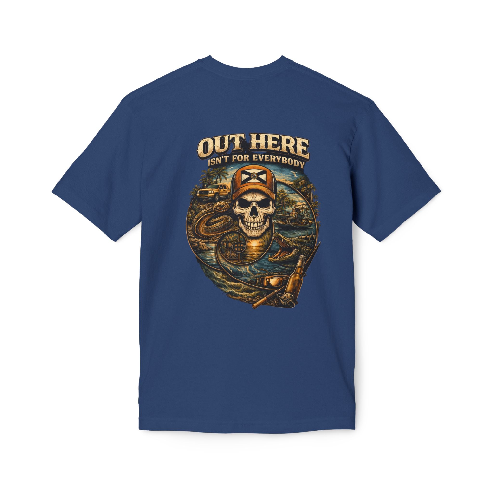 Backroads & Backwater  w/ blue wtr Skull T-Shirt — Concert, Fishing & Hunting Vibe