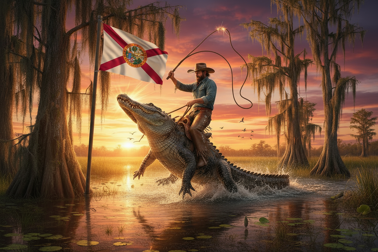 Everglades Cowboy on Gator with Florida Flag